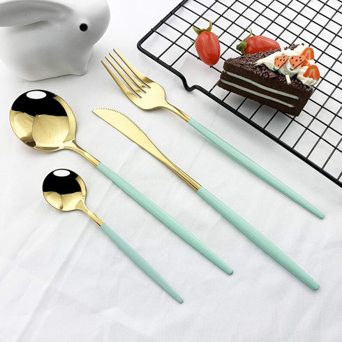 JASHII Flatware Serving Set 24 Piece, Stainless Steel Silverware Set, Mint Green Gold Cutlery for Modern Elegant
