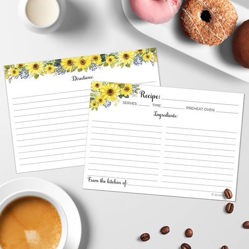 321Done Jumbo XL Sunflower Recipe Cards (Set of 50) Extra Large 5x7 for Weddings, Baby, Bridal Shower
