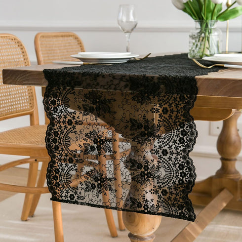 Insparkle Living Black Lace Table Runner 16"x48", Floral Embroidered Black Runner for End Table
