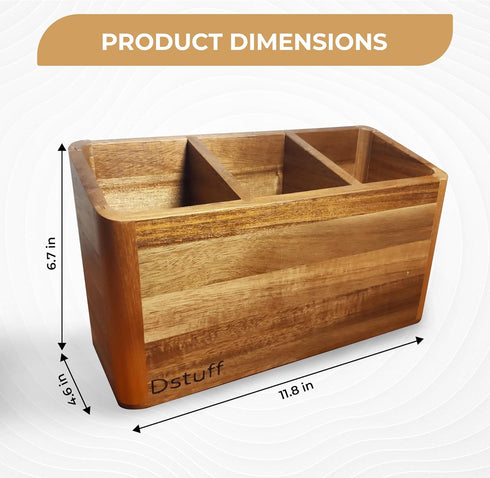 Large Kitchen Utensil Holder Organizer, Wooden Storage Container with 3 Compartments, Acacia Wood