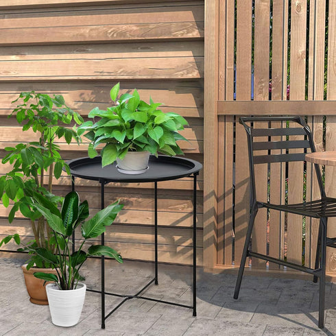 4 Garden you End Table Metal Side Table Black Round Folding Tray Cyan Sofa Small Accent Fold-able Table, Round End