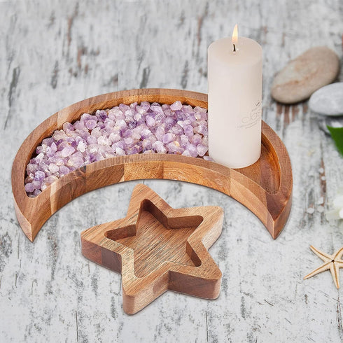 Star and Moon Tray Set, Wooden Crystal Organizer Tray for Healing Crystals and Jewelry Storage