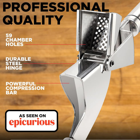 Garlic Press Stainless Steel - Professional Mincer and Crusher with Silicone Peeler, Dishwasher Safe