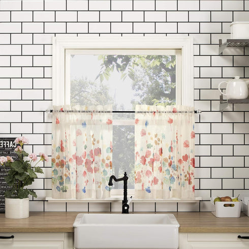 No. 918 Rosalind Watercolor Floral Semi-Sheer Kitchen Curtain Valance and Tiers Set, 54" x 24", Poppy Red