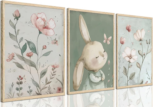 PPJ 3Pcs Nursery Bunny Wall Art Cute Rabbit Botanical Flowers Wall Decor Green
