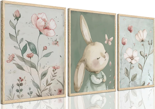 PPJ 3Pcs Nursery Bunny Wall Art Cute Rabbit Botanical Flowers Wall Decor Green