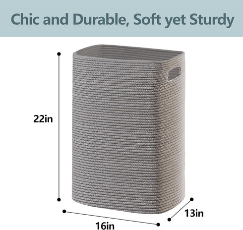 Large Gray Laundry Hamper, 16"x13"x22", Tall Woven Cotton Rope Basket for Dirty Clothes, Soft Laundry Bin, 75L
