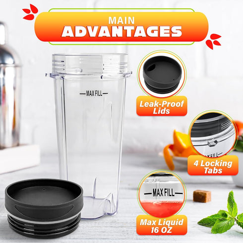 2Pcs Single Serve Blender Cup with Lid - 16 Oz Replacement Cup for Ninja Blenders