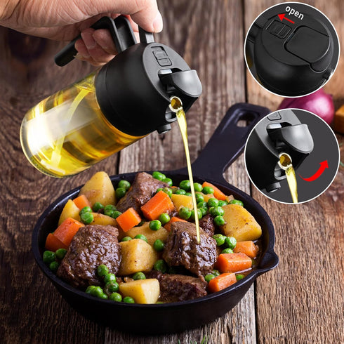 2 in 1 470ml Glass Oil Sprayer & Dispenser, Cooking Oil Spray Bottle for Kitchen, Salad, Baking, BBQ (Black)