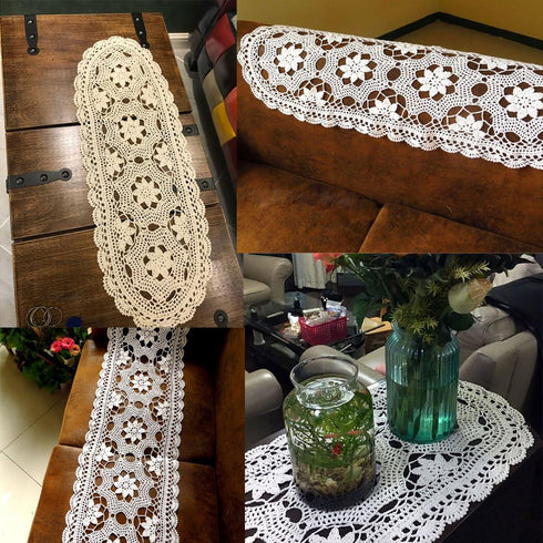KEPSWET Cotton Floral Oval Handmade Crochet Lace Table Runner, Beige (12x60 inch)