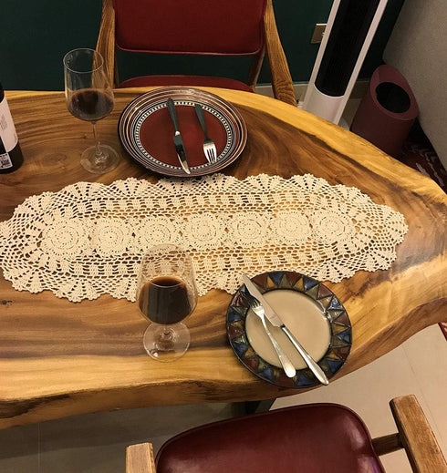 Beige Handmade Crochet Cotton Table Runner, Lace Doilies Oval Dresser Scarves, 11.8 by 35 Inches