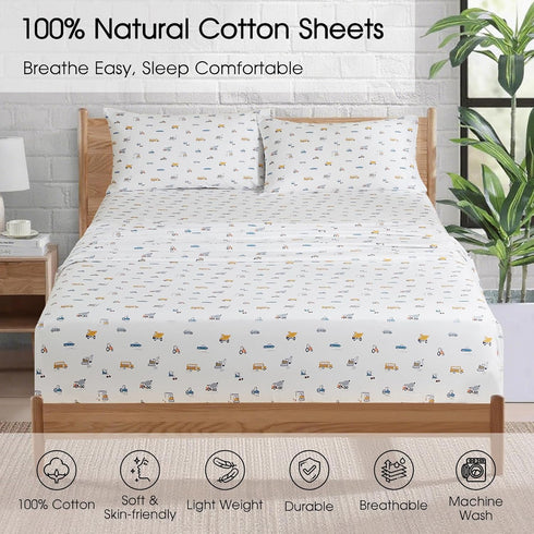 Set 100% 16" Ivellow Twin Sheets Kids Natural Cotton Sheets Soft Breathable Durable Lightweight Crispy Percale Bed
