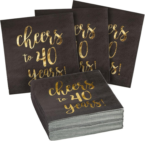 BLUE PANDA 40th Birthday Napkins - 50-Pack 3-Ply 5 x 5 in Black & Gold Foil - Cheers to 40 Years Design for Birthday &