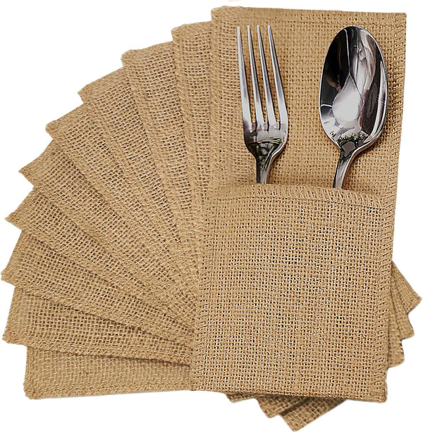FQTANJU 50 Pcs Burlap Utensils Holders, 4"x8.8" Natural Jute Cutlery Pouch for Rustic Wedding Party Decorations