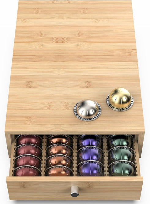 Premium Bamboo Coffee Pod Drawer for Nespresso Vertuo Capsules (NV140), Holds 40 Big or 52 Small Vertuoline Pods