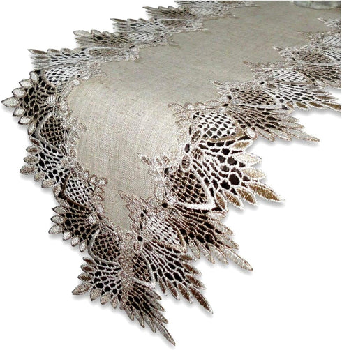 Lace 65" Table Runner, Dresser Scarf, Neutral Earth Tones, European Lace