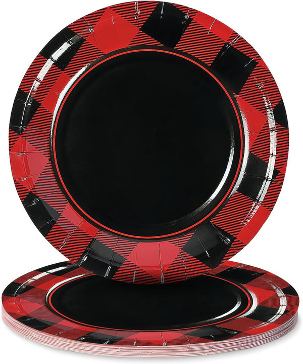 Fun Express Buffalo Plaid Paper Dessert Plates, 8 Count, Festive Red and Black Design for Parties