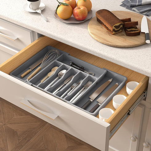 Lifewit Silverware Drawer Organizer, Expandable Utensil Tray for Kitchen, BPA Free Flatware Holder, Large, Grey