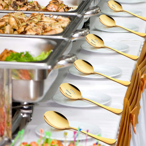 LIANYU 8 Pack Gold Serving Spoons, 8 3/4 Inch Stainless Steel Slotted Utensils for Catering