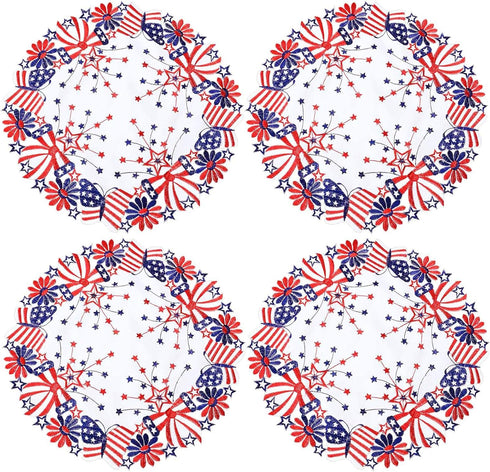 Simhomsen Embroidered Patriotic Round Doily Placemats, Set of 4 for July 4th, American Independence Day, 15 inches
