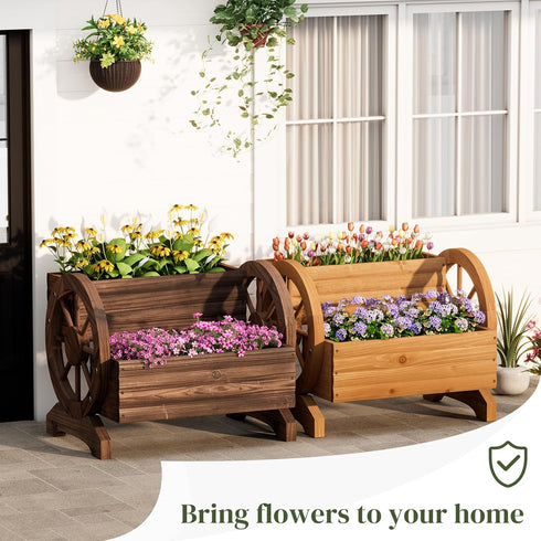 PULIJIAJU Wooden Wagon Planter Flower Cart with Wheels Garden Box Garden Planter, Decorative Planter for Flowers Herbs