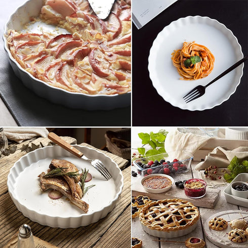 FEOOWV White Round Porcelain Quiche Pan, Non-Stick Baking Dish for Tart Pies, Dishwasher and Oven Safe (9 inch)