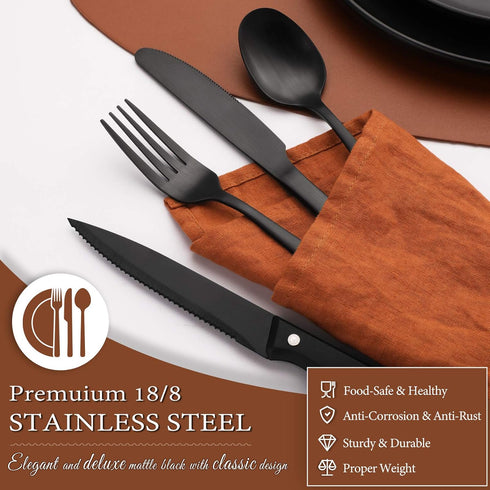 Hiware 24 Pieces Matte Black Silverware Set with Steak Knives for 4, Stainless Steel Flatware Utensils Set