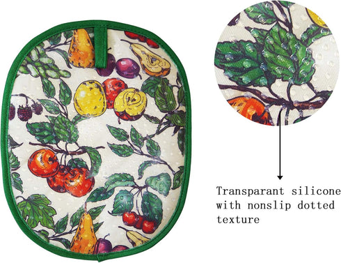 Pot Holders Set of 2, Heat Resistant Kitchen Oven Gloves with Transparent Silicone Shell and Fruit Flower Lining