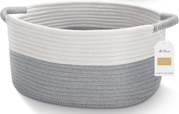 Cotton Rope Storage Basket with Handles, Medium Home Decor Basket, 17"L x 12.5"W x 8.5"H, Gray