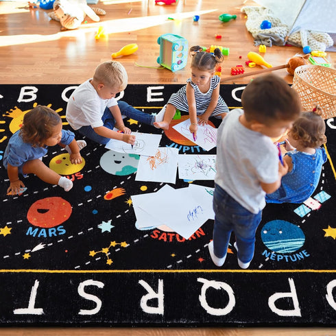 Rug,59"X39.4" Outer Space Kids ABC Alphabet Educational Kids Rugs for Playroom,Non Slip Solar System Galaxy Planets