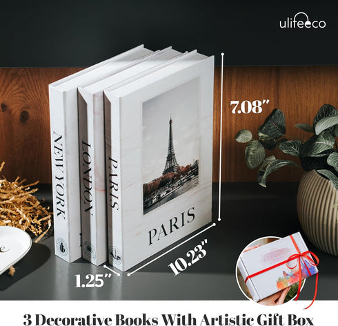 ULIFEECO Set 3 Fake Books for Decoration - of Decorative Books for Home Decor (London/Paris/New York), Faux Books