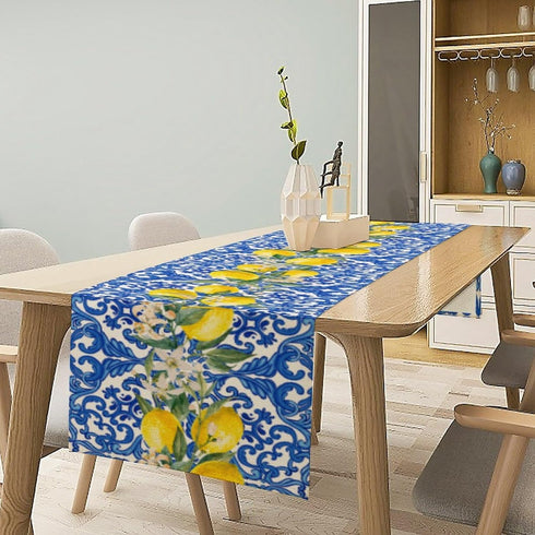 UEQIKI Summer 13x72 Inch Blue Tiles Lemon Table Runner for Home Party Decorations Seasonal Washable Kitchen Dining