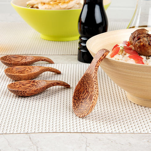 Restaurantware Coco Casa Handmade Serving Spoons - 4 Greaseproof Coconut Spoons, 3.8 Inch, Sustainable Flatware