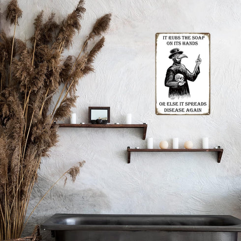 HIDEGRASS Wash Your Hand Plague Doctor Gothic Decor Wall Art Tin Sign for Bathroom or Bedroom 8 X 12 Inch
