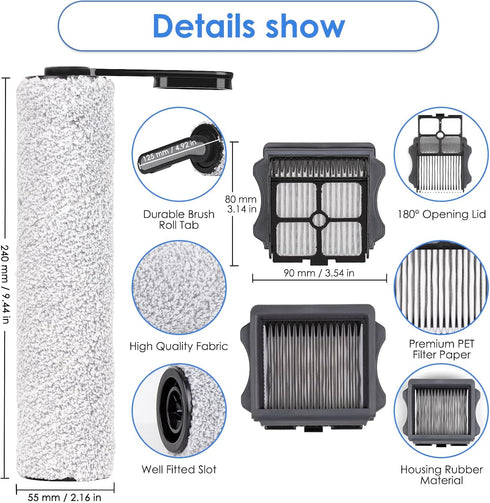 MIBUMIKI (5 S5/Floor S5 2 S5 Pieces) Replacement Brush Rollers and HEPA Filters Compatible with Tineco Floor ONE One