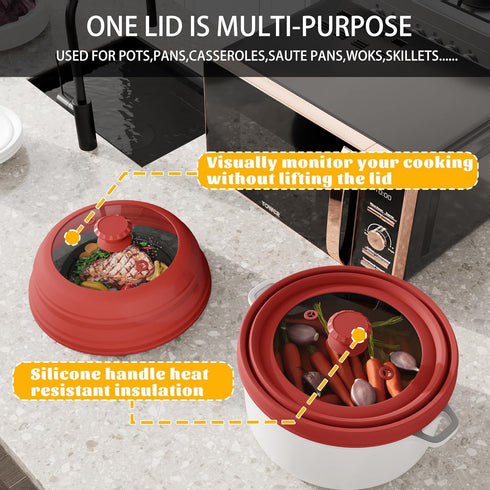 Microwave Splatter Cover, Vented Silicone and Glass Lid, Collapsible Plate Cover for 6-11 inch Plates