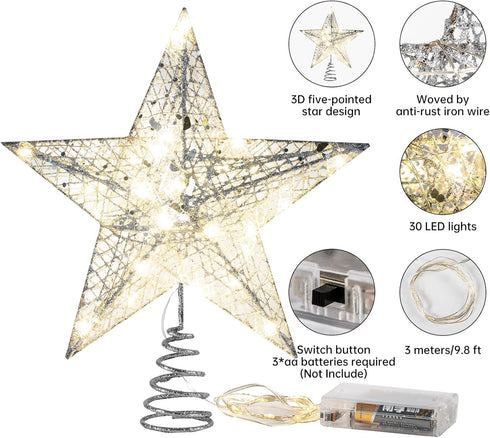Christmas Tree Topper Star, Callenbach LED Metal Light Up Xmas Decorations, 10 inches Silver Glitter Ornaments