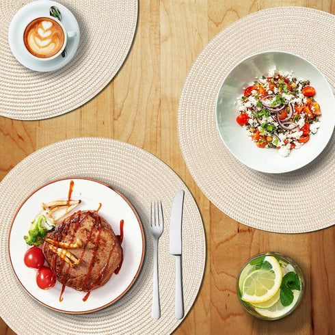 FunWheat Round Braided Placemats Set of 6, 15 inch Non-Slip Washable Table Mats for Dining Tables (Beige, 6pcs)
