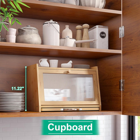kiplant Counter, Bread Box with Cutting Board, Bamboo Bread Box for Kitchen Bread Storage Container with Wavy Arcylic