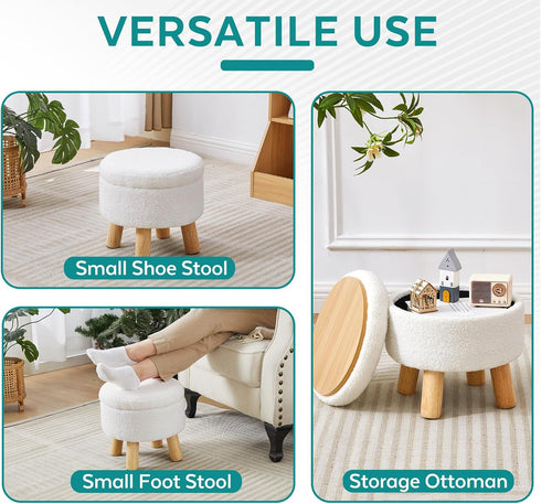 Small Ottoman with Storage, Small Storage Ottoman Round, Sherpa Foot Stool with Legs, Ottomans and Footstools
