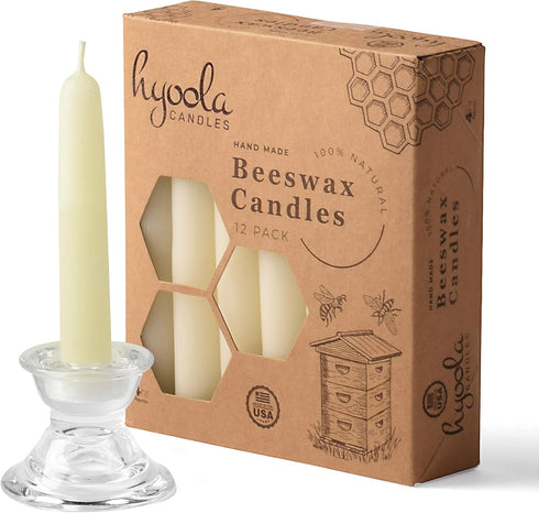 Hyoola 4" Beeswax Taper Candles, 12 Pack, Handmade, 100% Pure Unscented Bee Wax, Decorative White, 4 Hour Burn
