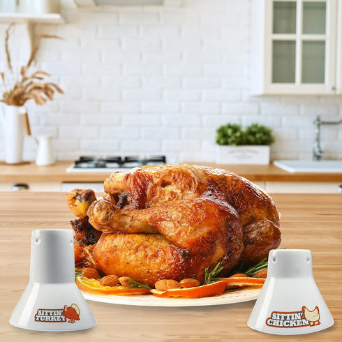 2 Pack- 18lb Sittin' Turkey & Chicken Combo Ceramic Roaster for BBQ, Oven, Grill- Vertical Beer Can Poultry Steamers