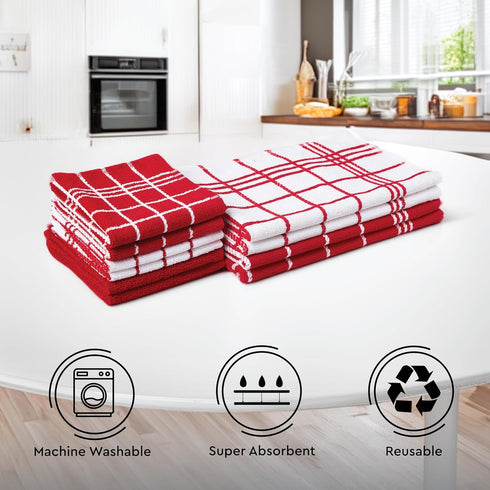 Sets 12x12 inch 16x24 inch Pack 10 Encasa XO Kitchen Towels and Dish Cloths | Red Combo Highly Absorbent Cotton Terry
