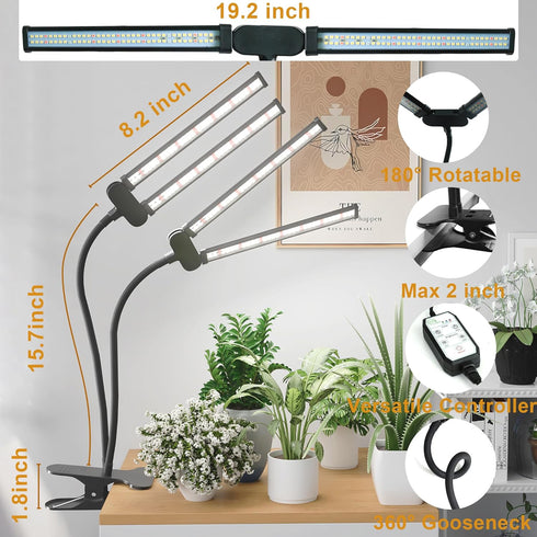 6000K Plants,Dimmable 4/8/12H,High Growth,2-Head Juhefa LED Grow Light,Super Bright White Full Spectrum Clip Plant
