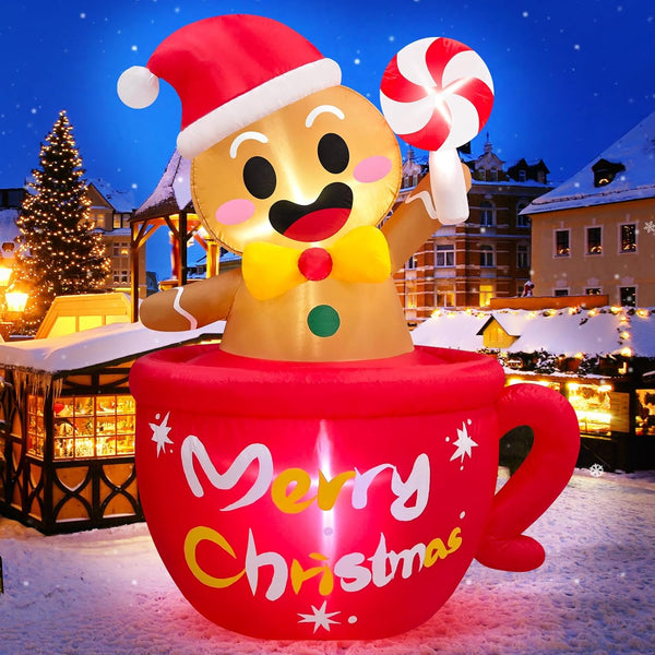 6 FT Tall Christmas Inflatables Outdoor Decoration Gingerbread Man Hot Chocolate, Built
