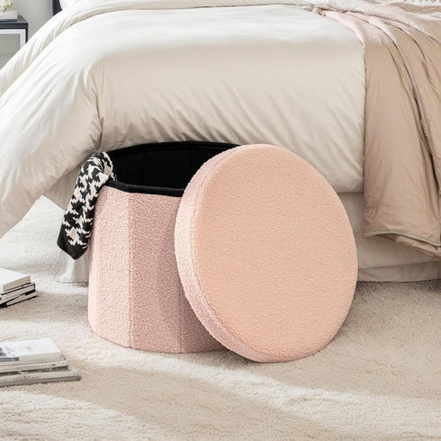 15-Inch Compact Round Ottoman with Hidden Storage - Pink
