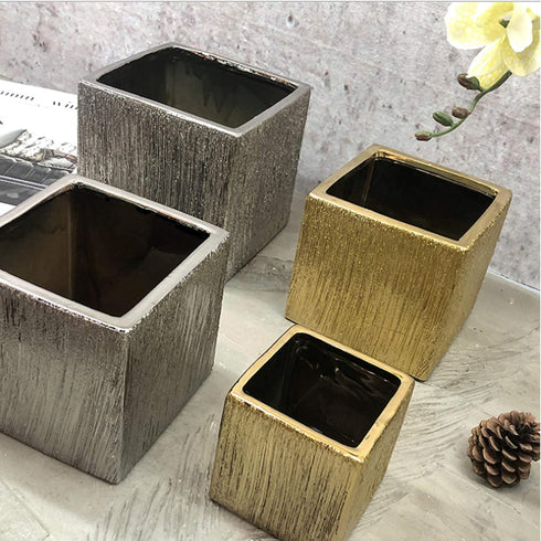 WGV Ceramic Cube Vase Width 4" Height 4" (Fits 3" Pot) - Elegant Modern Block Floral Planter for Home Office Decor