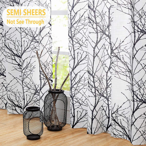 FMFUNCTEX Sheer Side Front Door Curtains 40" White Black Branch Tree Print with Matching Tiebacks