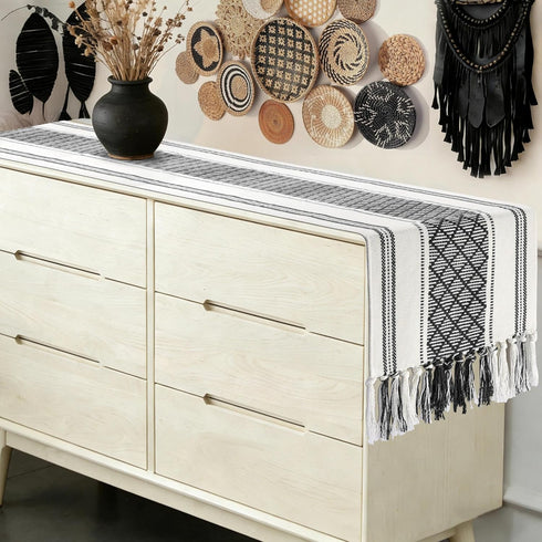 72 Inches yuboo Black and White Table Runner Farmhouse Style, Modern Long Geometric Woven Coffee Table Runner Long