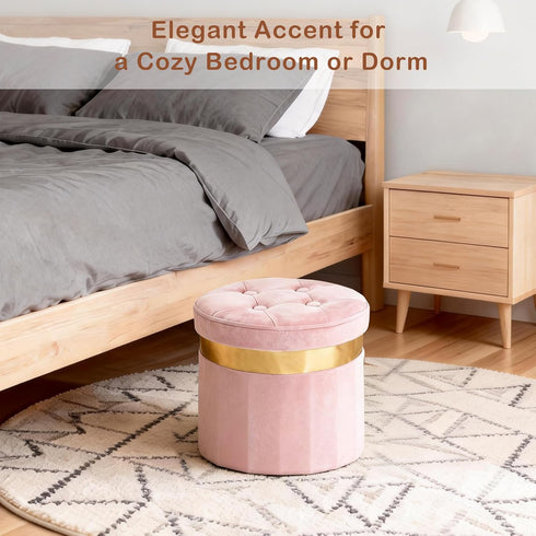 Room13x13x12.4(Pink,1pcs) xuperbonus Small Ottoman with Storage,Folding Round Ottoman with Gold Trim,Velvet Storage